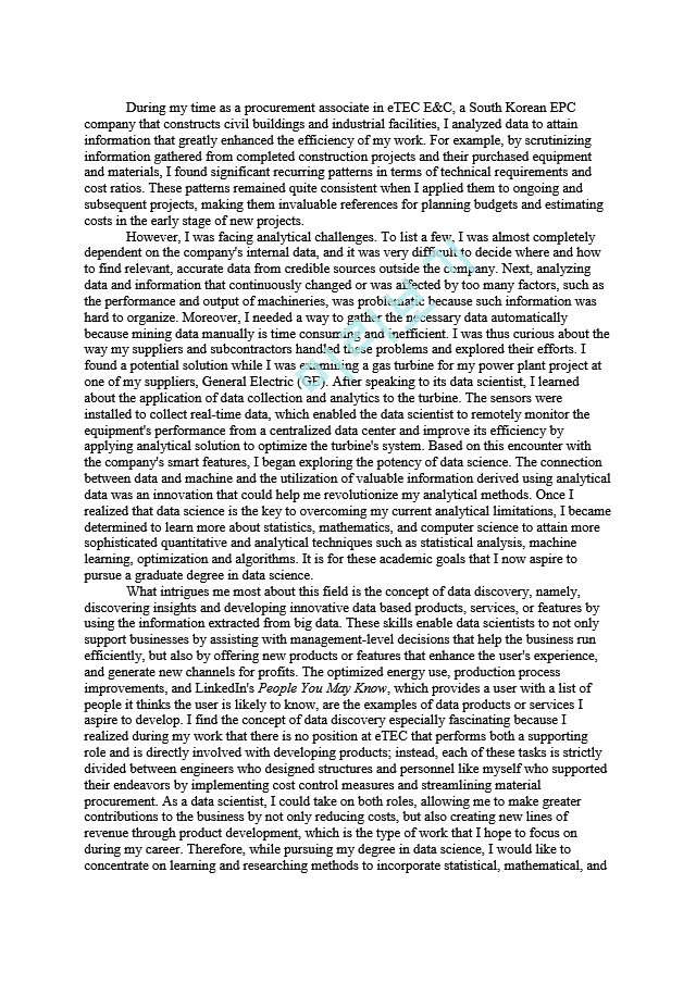  미국 대학원 지원 SOP (Statement Of Purpose) Grad Admissions Univ of Washington Data Science Proofreading Service Verified   (1 )